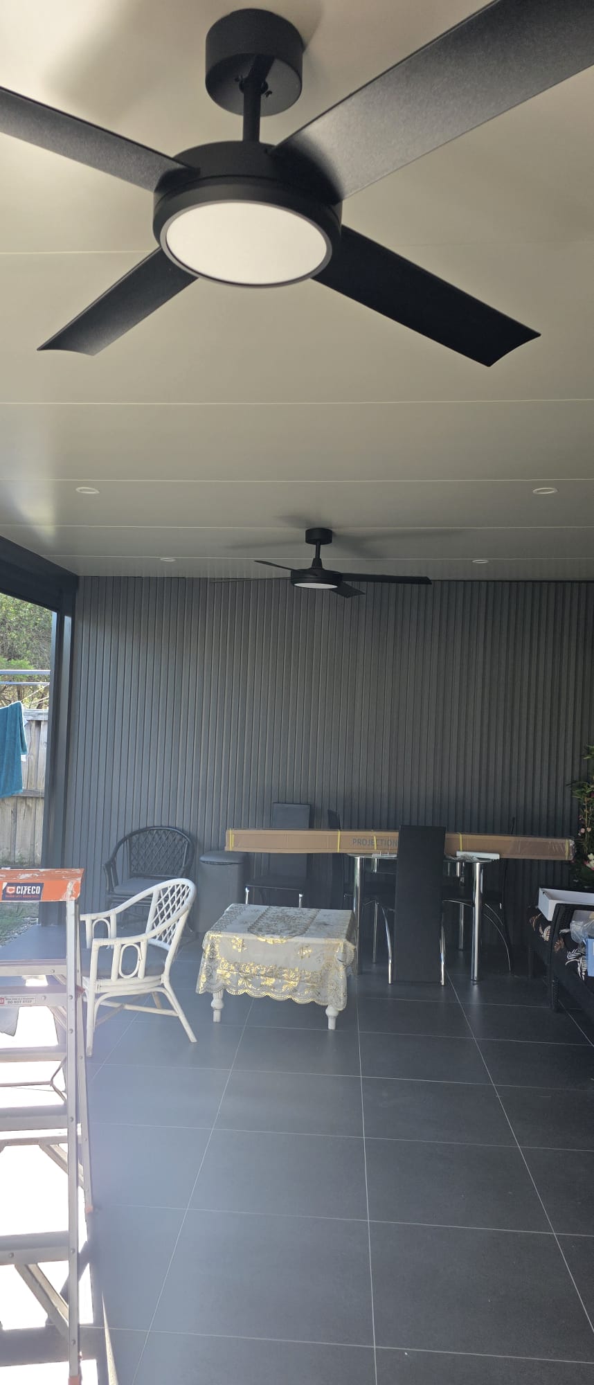 Outdoor ceiling fans installed